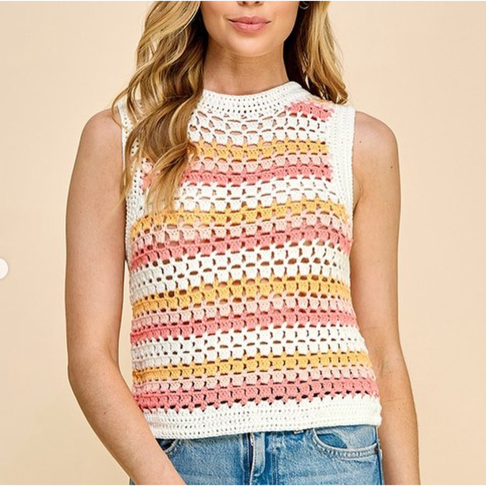 Forever 21 Crochet Tank Top Knit Sweater Vest Sz Small Womens Striped Soft Girl